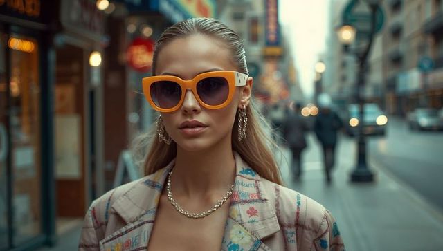 Stylish Woman in Bold Orange Sunglasses Walking Street City Setting