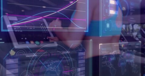 Person engaging futuristic technology displays in high-tech workspace