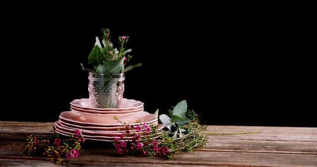 Elegantly Stacked Pink Plates with Floral Decoration on Wooden Table - Download Free Stock Images Pikwizard.com