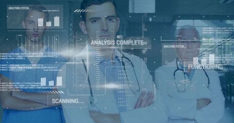 Medical team collaborating and analyzing diagnostic data with futuristic HUD interface