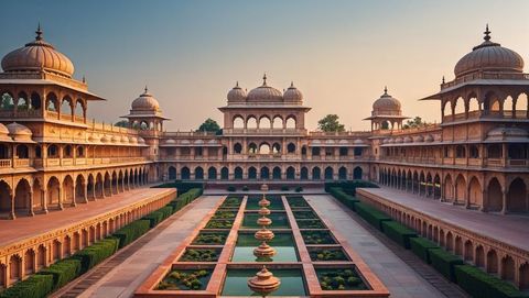 Elegant Historic Palace Courtyard at Sunrise with Reflecting Pool