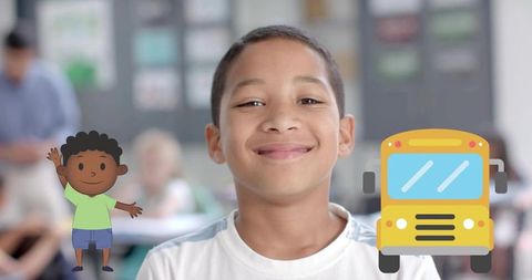 Smiling schoolboy with playful bus and child illustration overlays in classroom learning scene
