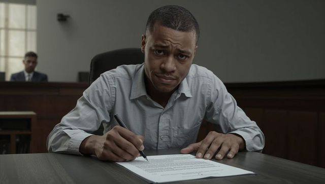 Nervous man signing legal document in courtroom, leaning over wooden desk with pen