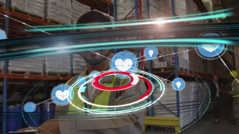 Asian Worker in High-Tech Warehouse with Virtual Interface