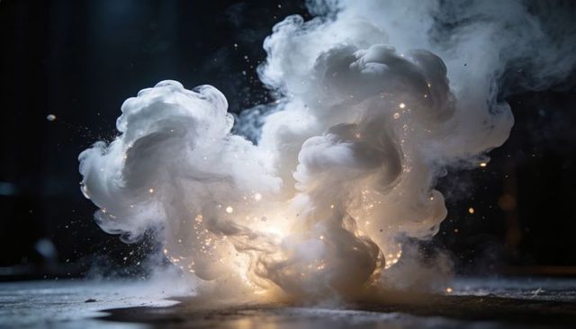Glowing smoke plume rising and curling with sparks over reflective dark floor
