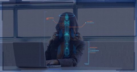 Businesswoman Analyzing Futuristic Rocket Design on Digital Interface