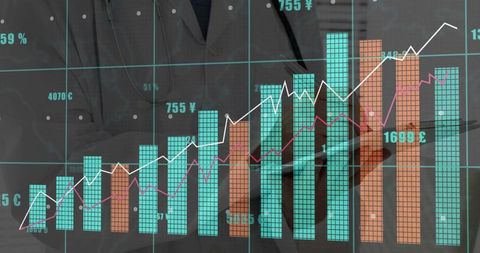 Businesswoman analyzing financial dashboard with bar charts and currency trend lines