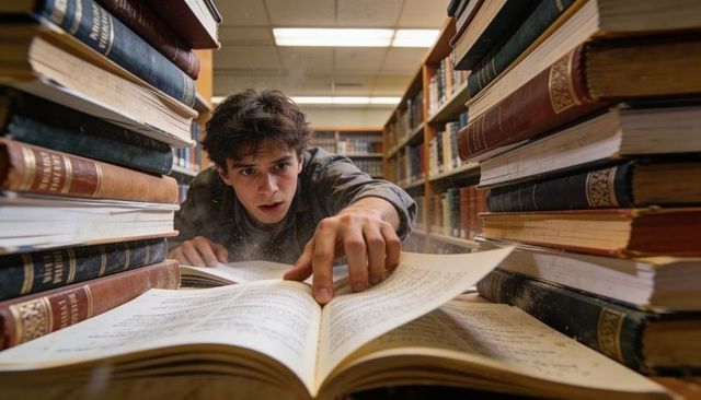 Teenager Reaching for Open Book in Dusty Library Aisle Studying Late Night Focus
