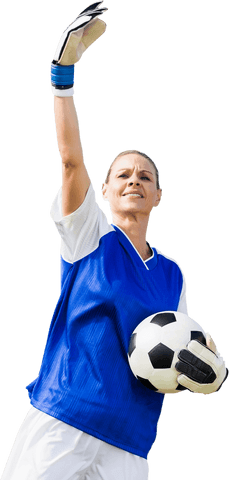 Confident Female Goalkeeper Holding Soccer Ball Transparent Background