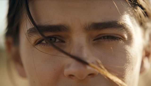 Sunlit closeup of squinting woman with stray hair crossing centered face during golden hour