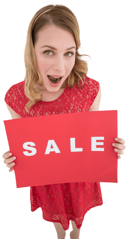 Surprised Woman Holding Bold Red Transparent Sale Sign