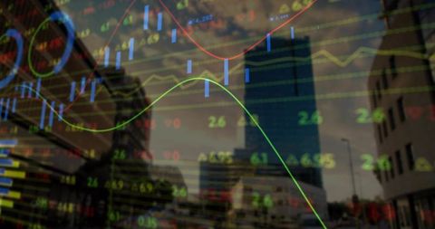 Double exposure of financial charts over urban skyline with candlestick graphs and trend lines