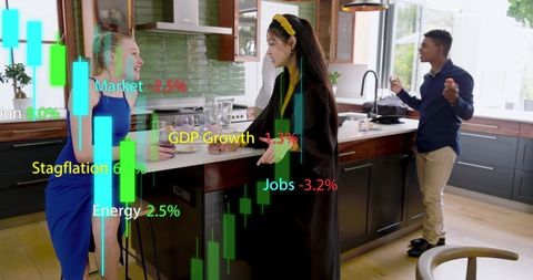 Young adults gathering in modern kitchen displaying augmented financial charts