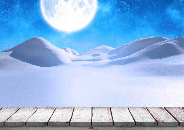 This image features a stunning view of snow-covered mountains bathed in moonlight under a starry night sky. A weathered wooden boardwalk stretches across the bottom of the scene, adding contrast to the snow's purity. Ideal for winter-themed marketing, backgrounds, social media posts, or holiday greeting cards, highlighting the serenity and beauty of winter landscapes.