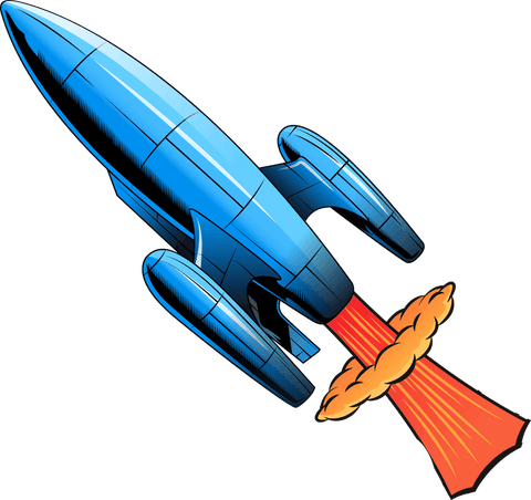 Transparent background blue rocket with orange flame in flat style