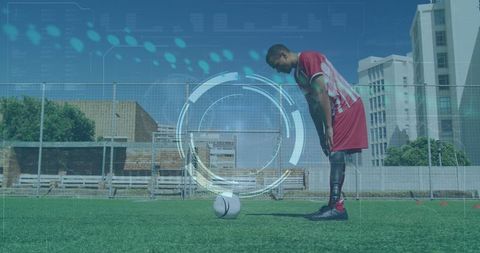 Soccer Player Preparing Kick on Turf Field with Augmented Reality Overlay
