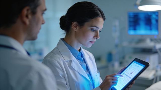 Female clinician reviewing electronic patient record on tablet in hospital ward