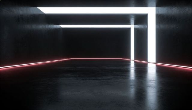 Futuristic Neon-Lit Concrete Corridor with Glowing White Portal and Magenta Floor Line