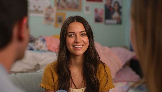Happy Woman Conversing with Friends in Cozy Dorm Room