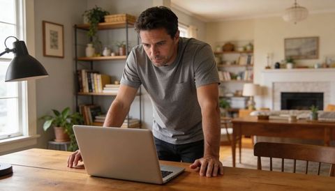 Leaning midlife man studying laptop in bright open-plan home workspace with plants