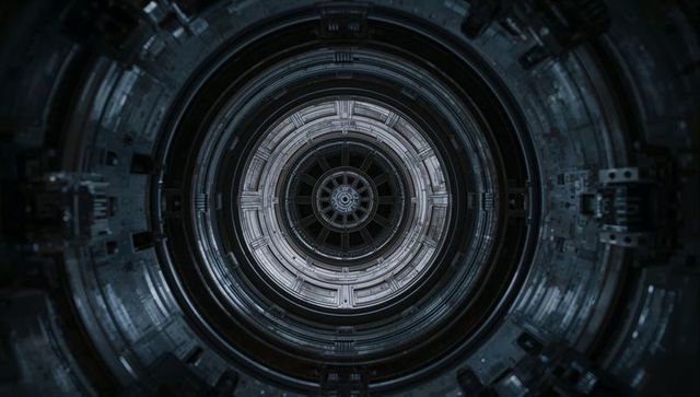 Rotating mechanical core revealing concentric turbine rings and industrial hub