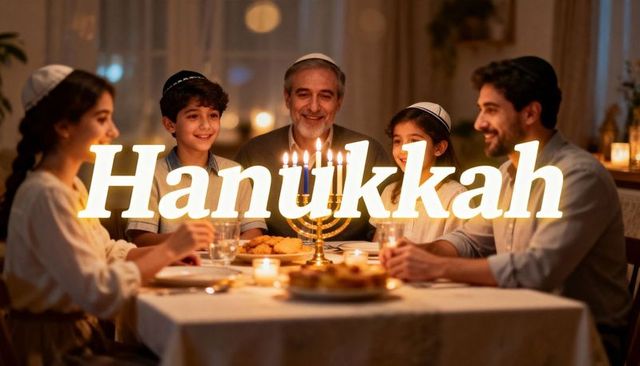 Multigenerational jewish family celebrating hanukkah at candlelit dinner table with menorah