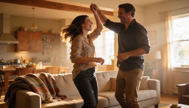 Sunlit couple dancing in cozy rustic living room with open kitchen, beige sofa, warm glow