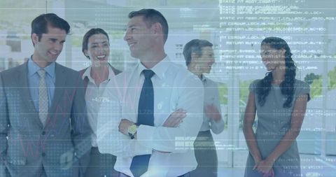 Confident Executive Standing Center Crossing Arms Leading Team in Glass Lobby with Data Overlays