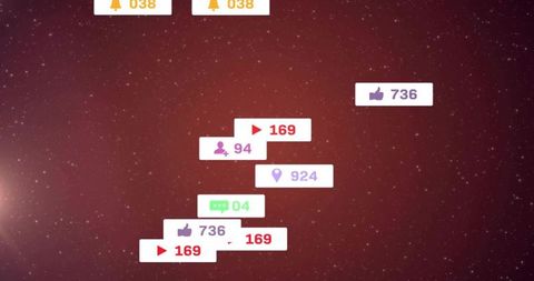 Floating social media HUD over red starfield displaying counters and holographic icons