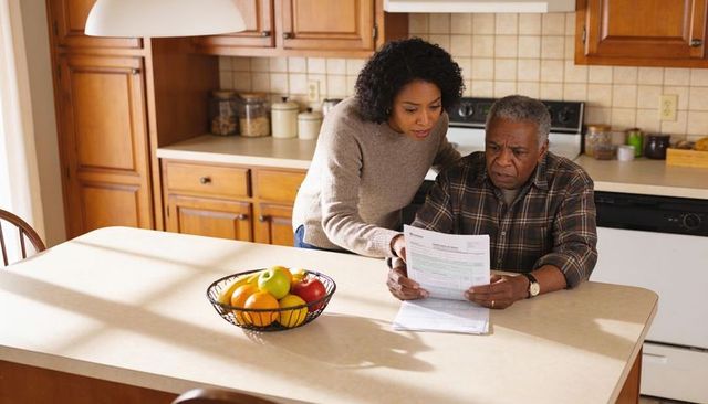 Adult daughter helping father review medical bills and finances at sunlit kitchen island