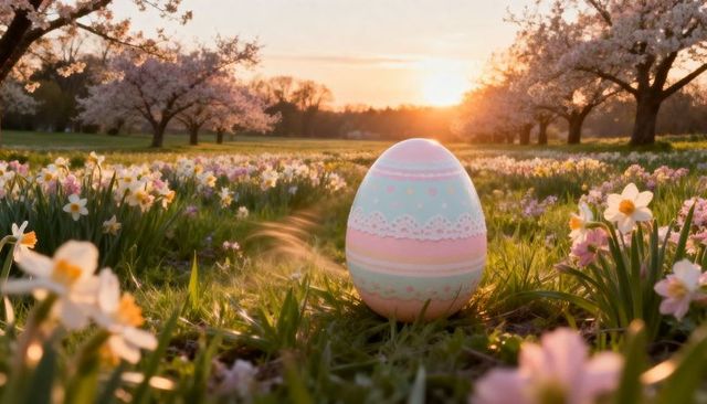 Pastel easter egg standing in daffodil meadow at golden sunset with cherry blossoms