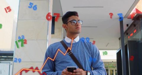 Young professional viewing augmented analytics on smartphone in plaza with AR overlay