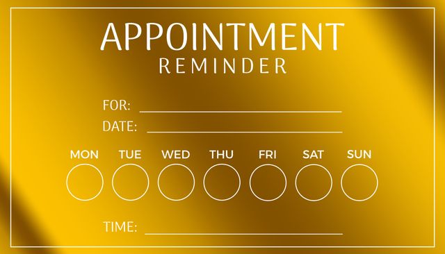 This elegant gold template is perfect for organizing appointments and meetings. Suitable for office use, business settings, or personal time management. Ideal for professionals looking to streamline their schedules and ensure punctuality. Customizable with details such as date, time, and specific days, making it a valuable tool for maintaining productivity.