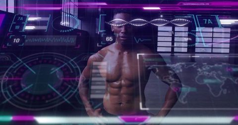Standing shirtless athlete showcasing chiseled abs with holographic dna helix and biometric hud
