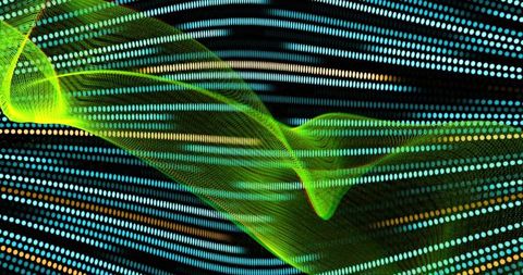 Flowing Neon Green Ribbon Sweeping Across Dotted Digital Matrix for Tech Design