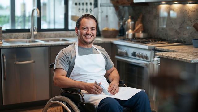 Smiling Male Chef in Wheelchair in Modern Kitchen, Embracing Inclusivity