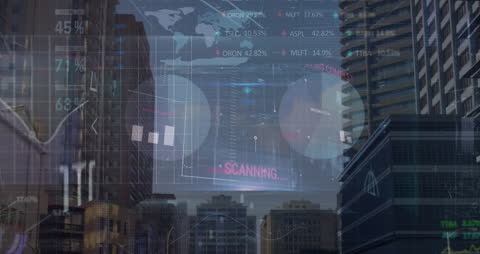 Data Security Digital Animation with Transparent City Skyscrapers