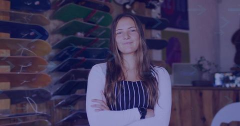 Confident Shop Assistant with Skateboards in Vibrant Store Display