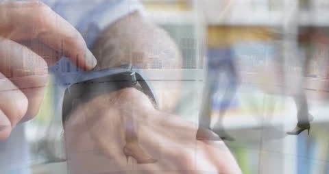 Man Using Smartwatch with Transparent Cityscape and Walking Businesspeople
