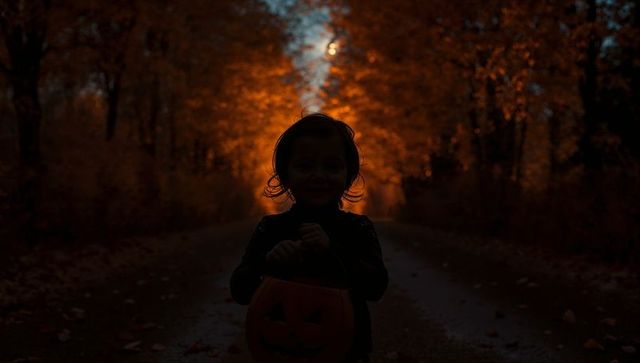 Silhouette of Child Trick or Treating at Twilight on Leaf-Strewn Road