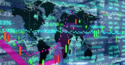 Global financial analytics with world map and stock trends