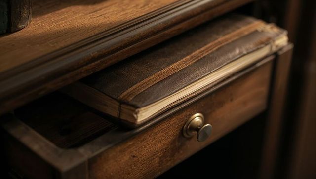 Worn leather-bound journal resting on ajar antique wooden drawer with brass knob