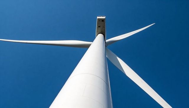 Low-angle wind turbine towering into vivid blue sky, highlighting blades and modern renewable energy