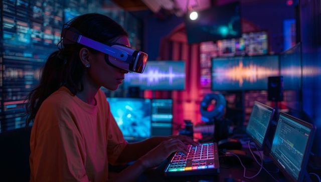 Developer wearing vr headset coding at neon multimonitor workstation with rgb keyboard