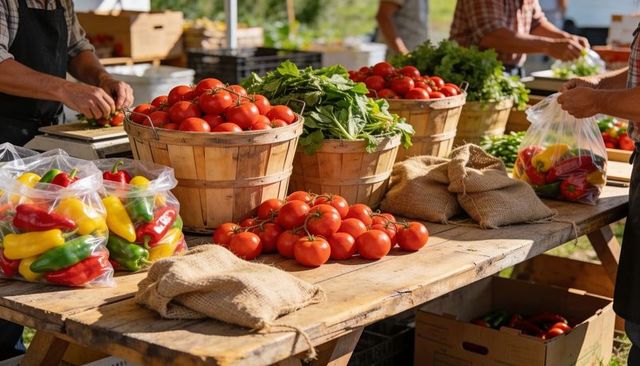 Sorting ripe tomatoes and packing tricolored peppers at sunlit rustic farmers market