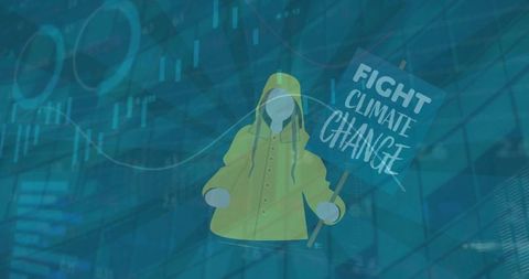Faceless figure holding climate change protest sign on digital background