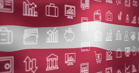 Digital interface icons overlay waving austria flag background