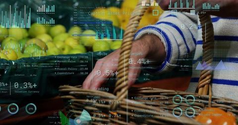 Market vendor holding wicker basket among citrus crates with financial data overlay