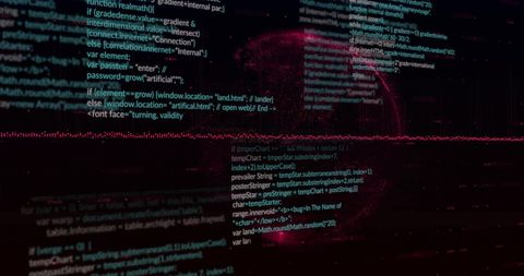 Abstract digital interface with code over dark globe background