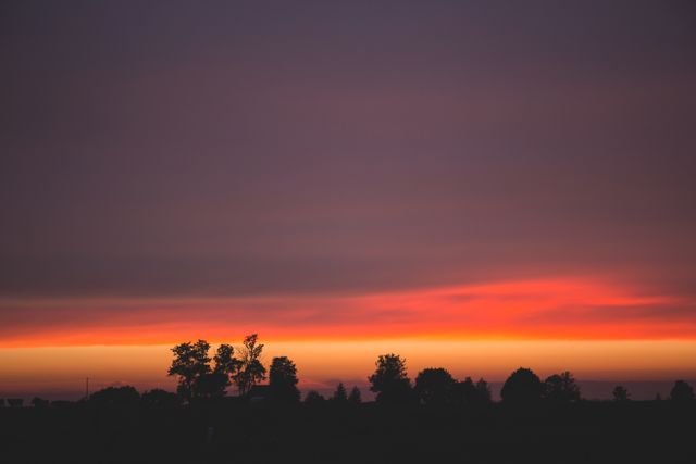 Perfect for use in nature and landscape themes, this image showcases a vibrant sunset with a colorful sky transitioning from orange to purple. Silhouetted trees along the horizon add depth and contrast, making this image ideal for backgrounds, posters, travel brochures, and inspirational content.